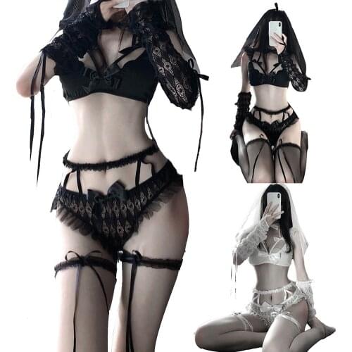 Sexy Lingerie Set Temptation Lace Push Up Transparent Bra Set Erotic Women Red Underwear Bras & G-String & Net Socks & Sling