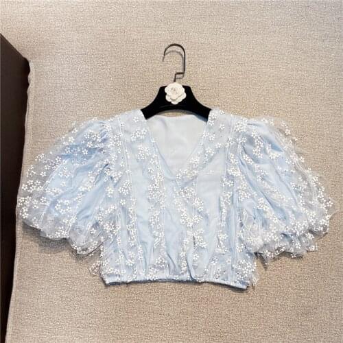 Crop Top Woman New Korean Style Mesh V-neck Patchwork Daisy Flower Print Short Shirt Girls Ladys Sweet Blouses Blusas Slim