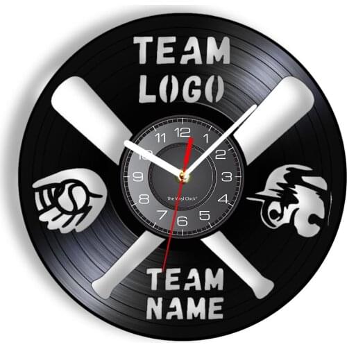 Customized Baseball Team Logo & Name VInyl Record Wall Clock Baseball Mitt Cap Bat Icon Wall Watch With LED Illumination Artwork