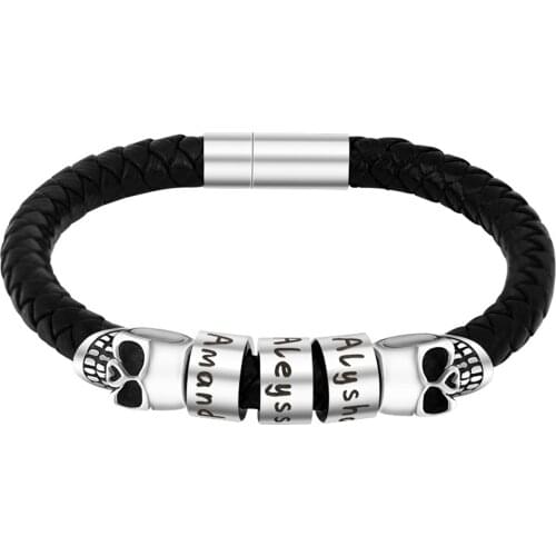 Gothic Stainless Steel Charming Skull Bracelets personalised Beads Black Men Bracelet PU Weave Chain Punk Rock Bangles Jewelry