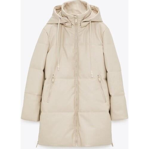 Side Zipper Split Parkas Women Fashion Beige PU Leather Coats Women Elegant Loose Hooded Long Cotton Jackets Female Ladies