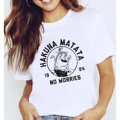 Casual Womens Tshirt HAKUNA MATATA NO WORRIES Timon and Pumbaa Kawai Disney The Lion King Print T-shirt Harajuku T Shirt