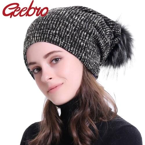 Geebro Women Warm Winter Beanie Unisex Skull Cap Soft Baggy Knitted Female Slouchy Winter Hat with 15cm Faux Fur Pompom