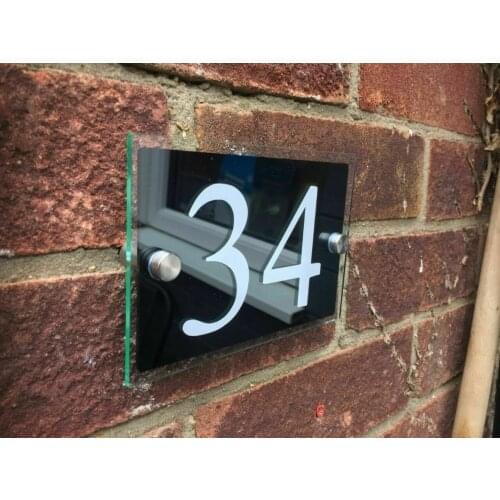 MODERN HOUSE SIGN PLAQUE GLASS ACRYLIC / BLACK VINYL DOOR NUMBER/STREET