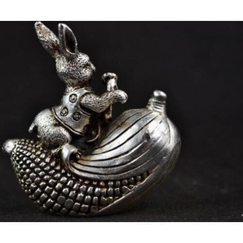 Decorated Handwork china Miao Silver Carving Rabbit Sitting On The Corn Statue
