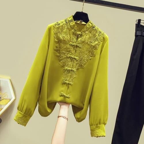 Womens Shirt Female Clothing 2021 Spring New Buckle National Style Elegant Long Sleeve Lace Patch Solid Color Blouse Lady Top