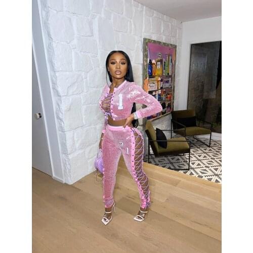 2021 Best Quality Fashion Design 2 pcs Women Set Solid Sequins Bandage O-neck Short Tops Long Pants Summer Sexy Club Outfits