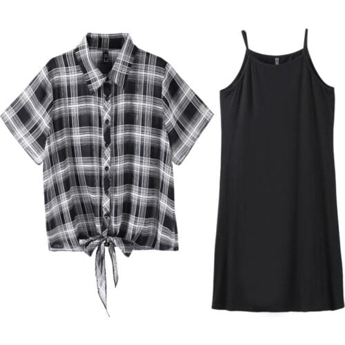 Plus Size 10XL 8XL 6XL 4XL Women Short Sleeves Tops & Cami Dresses Femme Elegant Twinset Plaid Tops And Black Dress For Mujers