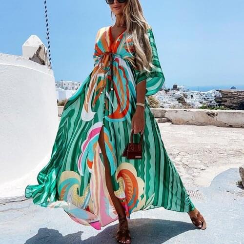 2021 Summer Sexy Slim Split Hem Maxi Dress Elegant Elastic Waist Button Beach Long Dress Women Fashion Print Deep V Boho Dresses