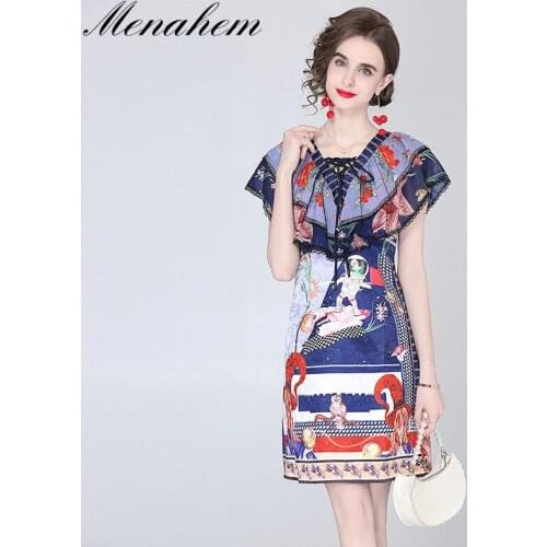 Menahem Fashion Summer Runway Dress Women Vintage Cartoon Flower Print Lace-Up Bow Butterfly Sleeve Ruffles Party Mini Vestido