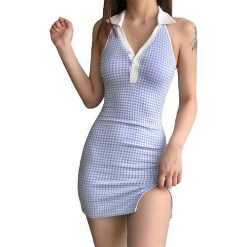 Halter Lapel Deep V Button Dress Womens Sexy Backless Slim Fit Sleeveless Short Dress Plaid Printed Split Hip Dress Bohemia /F