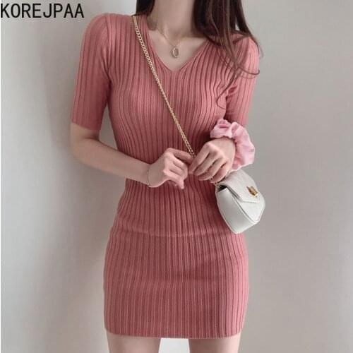 Korejpaa Women Dress 2021 Summer Korean Elegant Temperament Solid Color V Neck Body Bag Hip Thread Ice-cold Silk Knitted Dresses