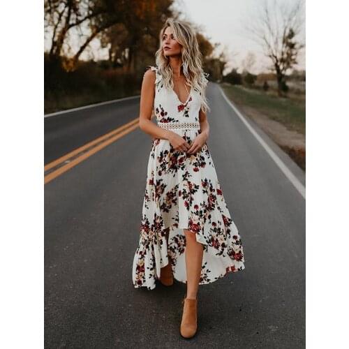 2019 Womens Summer BOHO Holiday Beach Dress Ladies Party Maxi Sleeveless Backless Vintage Split Black White Floral Printed Dress