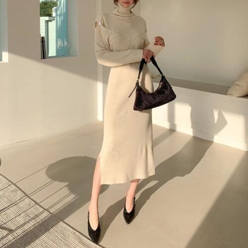 Elegant Korean Winter Vestidos Women Office Knitted dress Thickening Turtlenect Warm Long Dress Casual Female Sweater Dresses