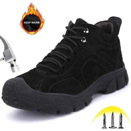 Winter Mens Work Safety Shoes with Steel Toe Male Puncture Proof Velvet Warm Leather Waterproof Ankle High Breathable Work Boots