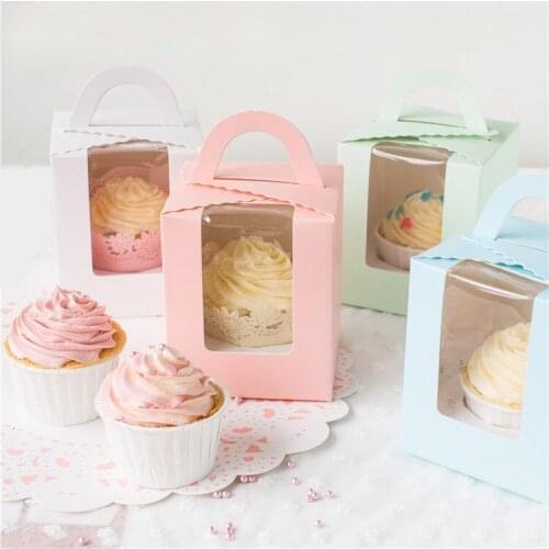 100 x Assorted Color Single Cupcake Boxes With Window With Handle Macaron Box 110*95*95mm