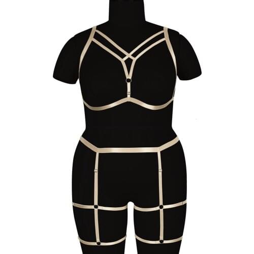 2PC Full Body Harness Cage Hollow Bra Sexy Lingerie Straps Plus Size Busty Women Underwear Exotic Apparel Goth Garters Belt
