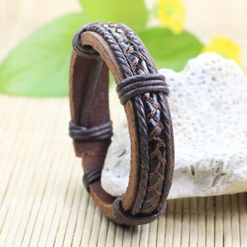 6Pcs/set Vintage Ethnic Tribal Leather Bracelets Multilayer Braided Rope Brown Bangles for Male Female Jewelry J203