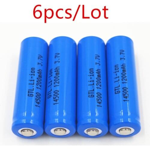 6pcs/Lot 3.7V 1200 mAh 14500 Rechargeable Batteries Universal Blue Lithium Li-ion Battery for Camera Flashlight laser pointer