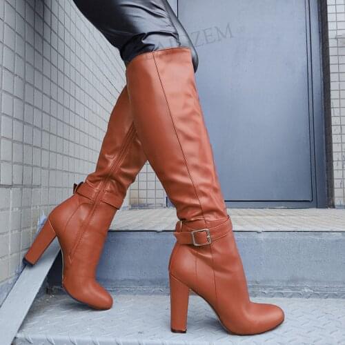 BERZIMER FASHION Women Knee High Boots Zip Up Block Thick Heels Faux Leather Tall Boots Ladies Shoes Woman Big Size 42 43 45 47