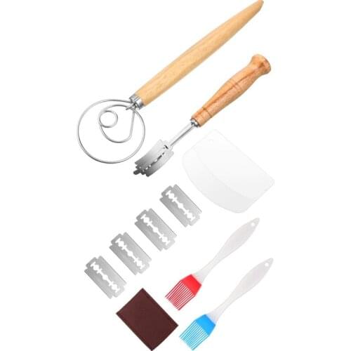 Danish Dough Whisk Hand Crafted Bread Lame with Protective Cover , 2 Pieces Silicone Brush, Dough Scraper, Dough Whisk Tools Set