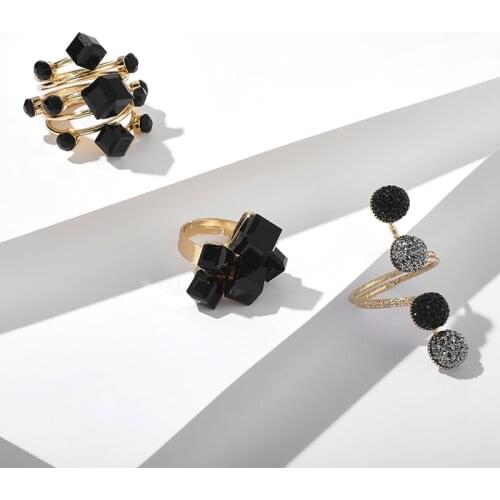 Docona 3 Style Luxury Black Crystal Rings for Women Charms Adjustable Geometry Rhinestone Knuckle Finger Rings Wedding Jewelry