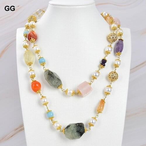 GuaiGuai Jewelry 40'' Sea Shell Pearl Aquamarine Amethyst Carnelian Rose Quartz Prehnite Necklace