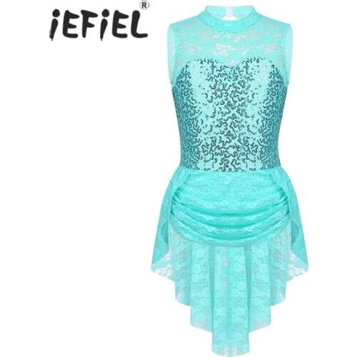 IEFiEL Kids Girls Lyrical Dance Costumes Lace Diamond Keyhole Skating Ballet Tutu Competition Gymnastics Leotard Dancewear