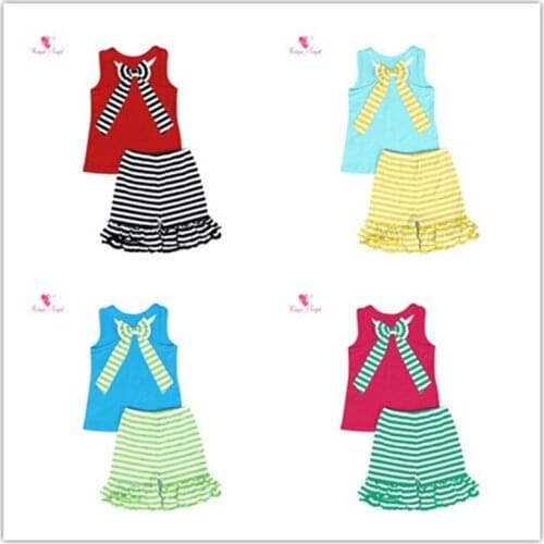 Kaiya Angel Boutique Kids Clothing Set Sleeveless Solid Bow Tops Striped Ruched Shorts Back To School Outfit Accept Custom Model