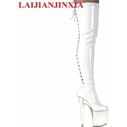 LAIJIANJINXIA New 20cm High Heel Over The Knee Sexy Boots Soft PU Leather High Boots Sexy Shoes Clear Platform Pole Dance Shoes