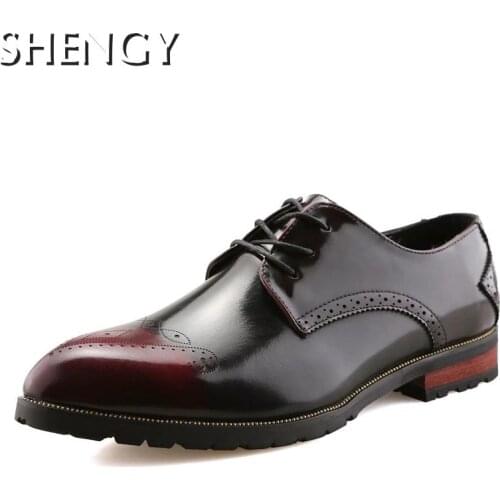 2020Autumn New Mens Shoes Lace-Up Leather Pointed Toe Gradient Fashion Oxford Males Shoes Business Office Dress Shoes Men