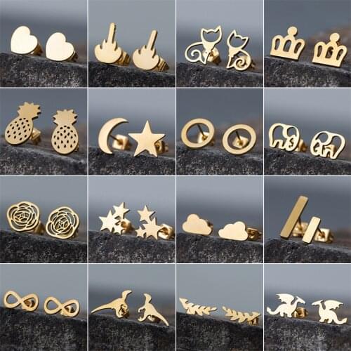 Mini Stainless Steel Ear Studs Fashion Jewelry Small Animal Ear Studs Geometry Dinosaur Flower Crown Earrings Pendant Gift