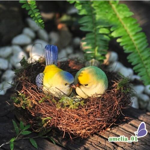 New Creative birds home decor crafts Courtship props country rattan nest mini bird Figurines Wedding gift garden decor
