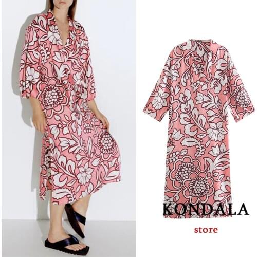 Za 2021 Chic Pink Vintage Floral Print Midi Dress V Neck Three Quarter Sleeve Side Split Dress Elegant Fashion Autumn Vestidos