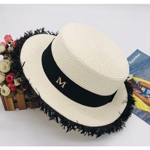 2020 Hat Spring And Summer Womens European Style Burr Belt Color Matching Flat Top Hat Sun Shading Beach Travel Straw Straw Hat