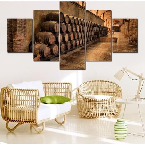 Home Decoration Living Room Modern Abstract Paintings Artwork 5 Panel Wine Barrel Canvas Art Prints Poster Wall Modular Picture