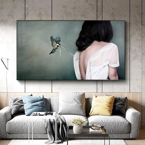 Healing Beauty Figures Back view Birds Canvas Art Painting For Living Room Bedroom Posters And Prints Wall Poster Decor Nordic