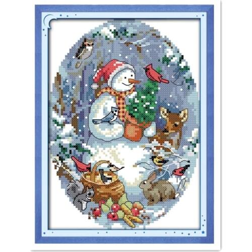 Joy Sunday Christmas snowman and friends cartoon cross-stitch, handmade DIY needlework sewing crafts embroidery