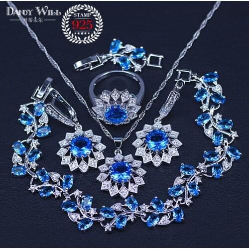 Silver color Jewelry Sky Blue Crystal White CZ Bridal Jewelry Sets For Women Earrings/Pendant/Necklace/Rings/Bracelet Set