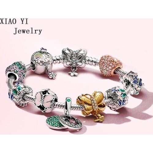 XIAOYI jewelry 100% s925 11 Charm pandoras Colorful butterfly bracelet with diamond heart gift gentle beautiful