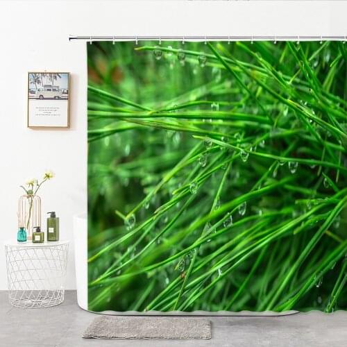 Plant Green Leaves Shower Curtain Flowers Leaves Small Dewdrops Home Backdrop Wall Hanging Cloth Bath Supply Bathroom Curtains