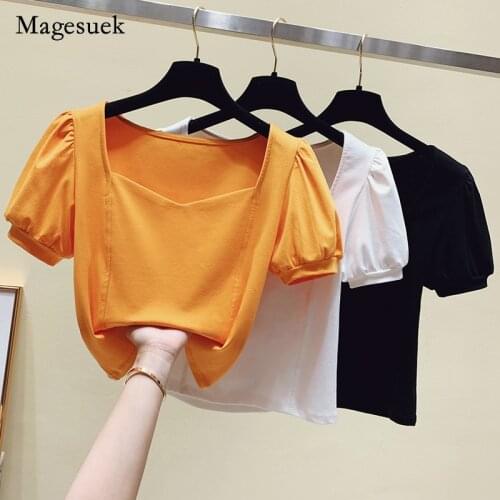 Solid V-neck Square Collar White T-Shirt for Women 2021 Summer Short Sleeve Women T-shirt Casual Office Lady T-shirt Blusa 16071