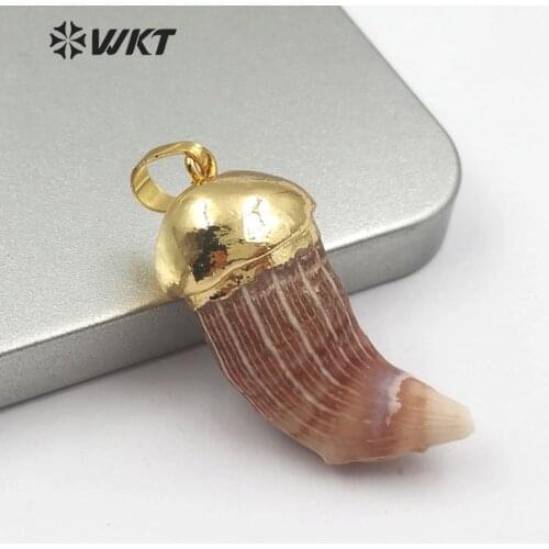 WT-JP136 Natural Astroies Pendant Tooth Shape Pendant With Gold Capped Real Coral Fossils Jewelry Women Fashion Pendant
