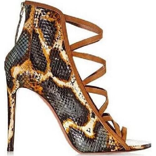 New mixed-color high heel women sandals peep toe snakeskin black zipper sandals fashion ankle sandal boots size 34 to 42