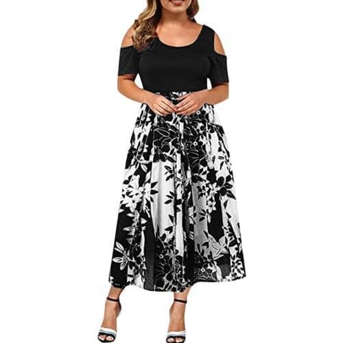 Women Plus Size Casual dresses classic Round Neck Strapless Hollow Short Sleeve Dress Layered printing design All-match dress