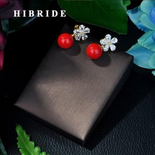 Top Austrian Crystal Flower Shape Earrings For Women Wedding Gifts Red Pearl Drop Earrings For Party Gifts HIBRIDE E-248