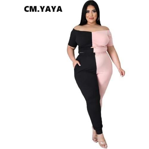 CM.YAYA Women Plus Size Set Patchwork Short Sleeve Slash Neck Crop Tops Pencil Pants Two Piece Sets Tracksuit Summer Outfits