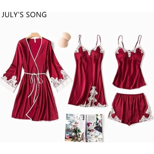 JULYS SONG 4 Pieces Women Pajamas Sets Lady Elegant Sexy Lace Simple Faux Silk Sleepwear Sets Spring Summer Autumn Home wear
