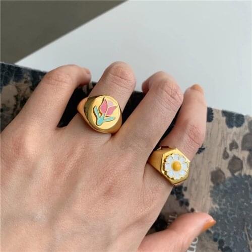 2021 Korean New Design Colorful Daisy Flower Ring Female Fashion Hot Retro Golden Ring Jewelry Party Gift Кольцо