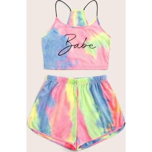 2021 NEW Women’s Sports Two Piece Suit Personality Tie-dye Pullover Camisole and Elastic High Waist Shorts